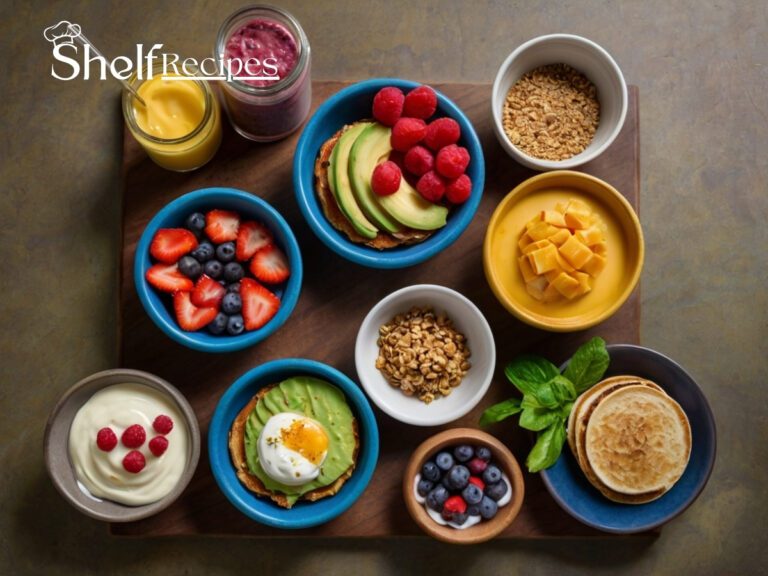 A colorful flat-lay image displaying a vibrant variety of healthy breakfast options on a clean table—avocado toast, smoothies, yogurt parfaits, pancakes, wraps, and chia pudding. Each dish is neatly plated or jarred, showing fresh ingredients like fruits, vegetables, whole grains, and dairy. The scene reflects a wholesome, quick-to-make breakfast theme without any utensils, emphasizing natural textures and a cozy, nutritious morning vibe.