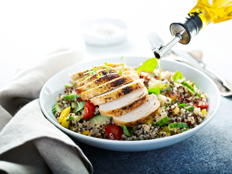 Fresh quinoa tabbouleh salad with grilled chicken