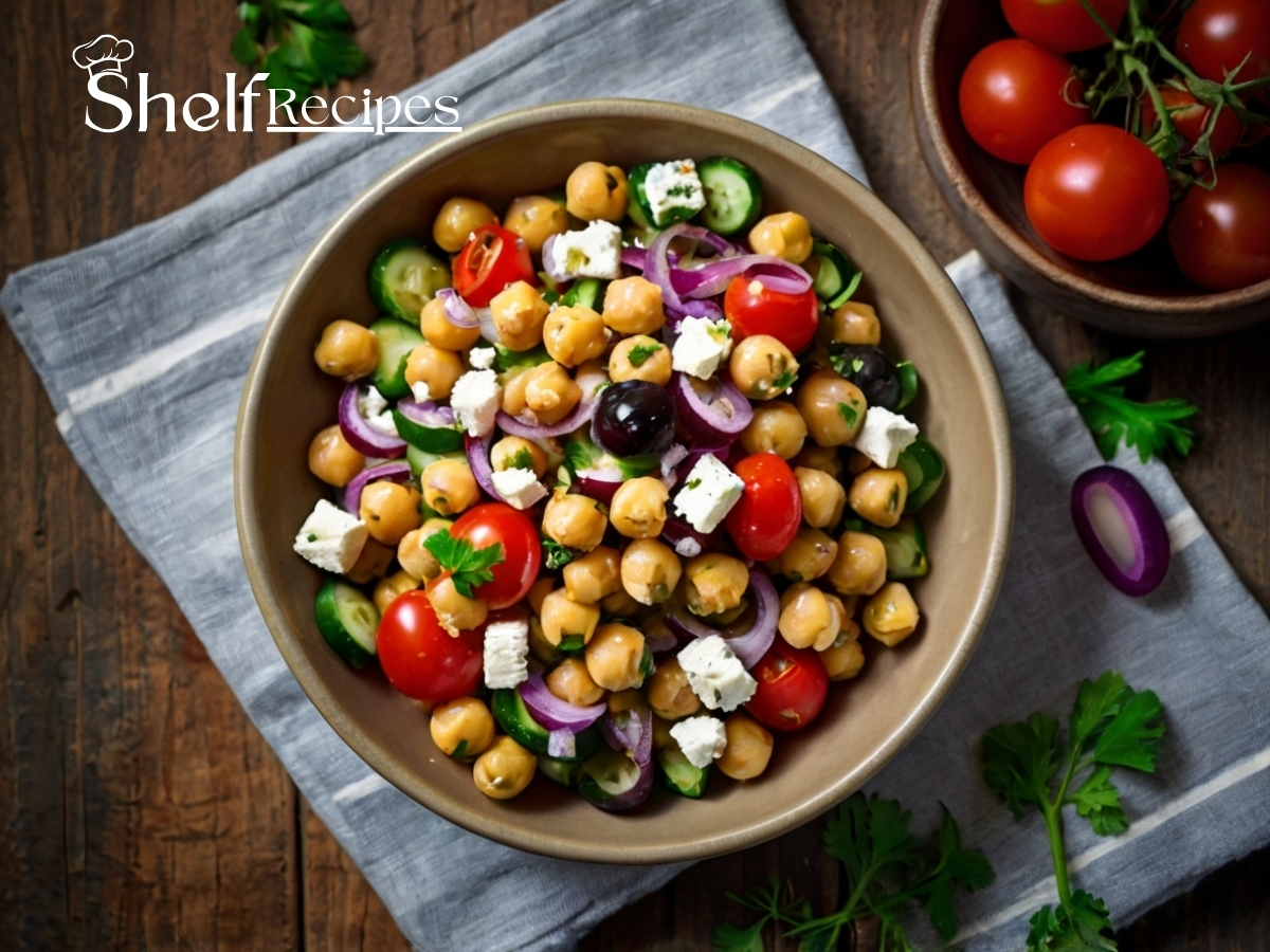 Colorful Mediterranean Chickpea Salad with chickpeas, cherry tomatoes, cucumbers, red onions, Kalamata olives, crumbled feta cheese, and fresh parsley, drizzled with lemon juice and olive oil.