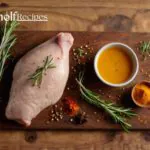 Uncooked chicken fillet placed on a wooden board, surrounded by various spices including paprika, black pepper, turmeric, and garlic, with rosemary sprigs and a small bowl of oil for seasoning.