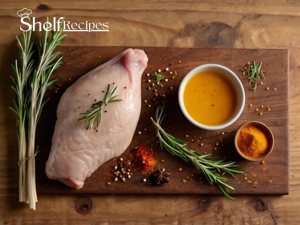 Uncooked chicken fillet placed on a wooden board, surrounded by various spices including paprika, black pepper, turmeric, and garlic, with rosemary sprigs and a small bowl of oil for seasoning.