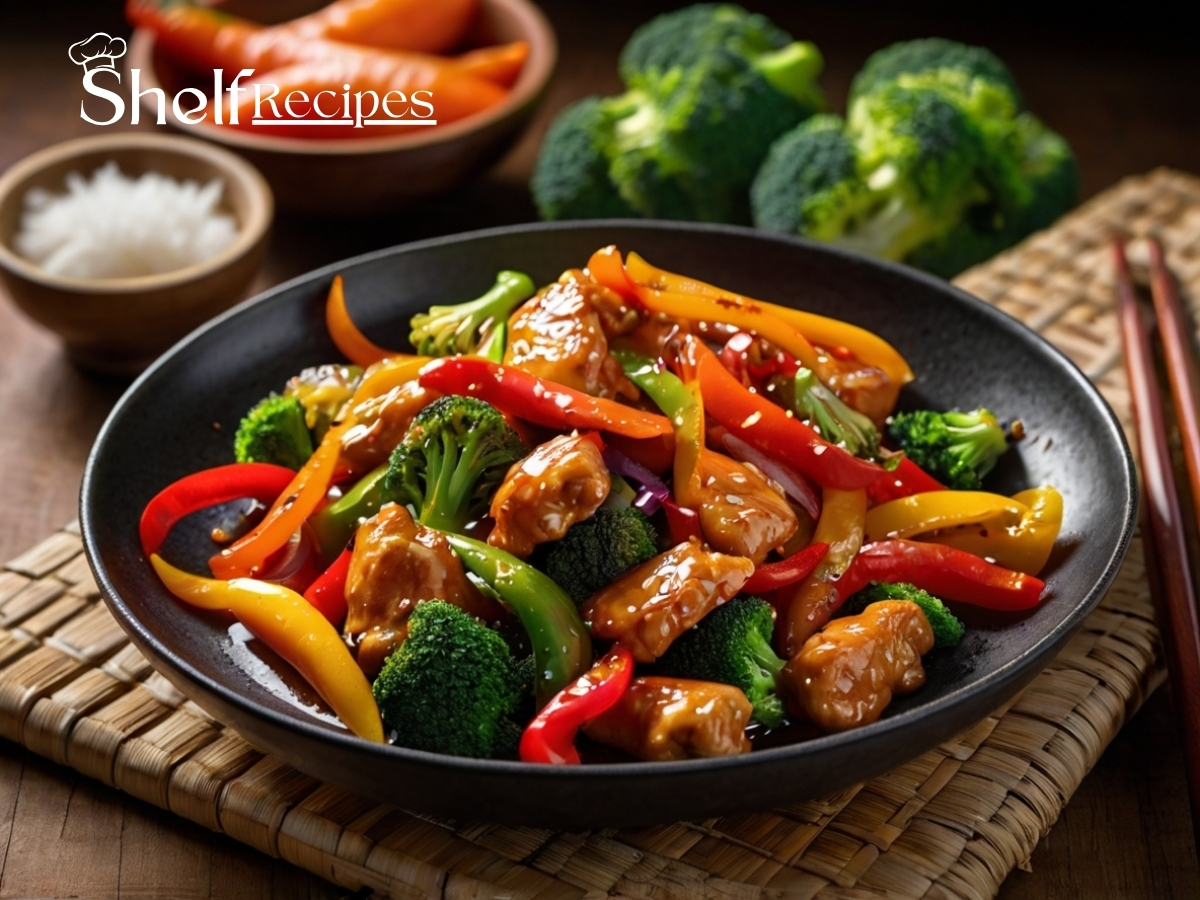 Stir-fried chicken slices with vibrant red and yellow bell peppers, broccoli florets, carrots, and onions, glistening in a savory soy-based sauce, served in a wok or on a plate.