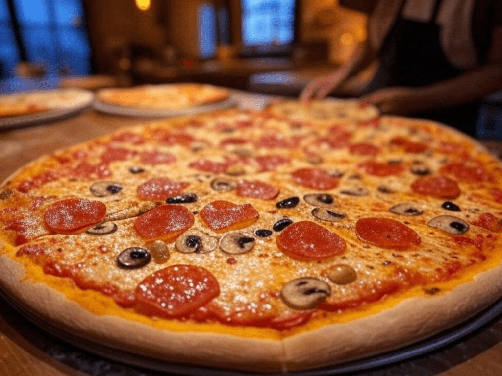 A close-up view of a freshly prepared pepperoni pizza, topped with sliced mushrooms and black olives. The pizza has a golden-brown crust and is placed on a metal tray. In the background, another pizza is visible, and a person appears to be working at a counter, possibly in a pizzeria or kitchen setting. The lighting is warm, suggesting a cozy, inviting atmosphere.