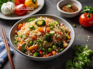 Colorful vegetable fried rice with broccoli, peas, carrots, and corn in a bowl, accompanied by chopsticks, a napkin, and garnished with fresh cilantro. Background includes a plate of sliced vegetables and a bowl of seasoning.