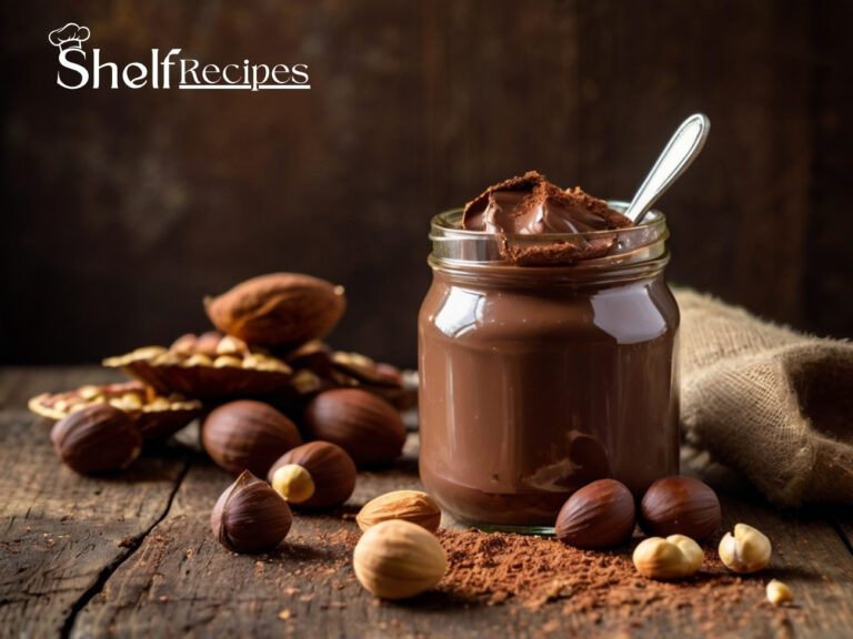 A glass jar filled with creamy homemade Nutella spread, surrounded by toasted hazelnuts, cocoa powder, and a spoonful of chocolatey goodness, placed on a rustic wooden surface.