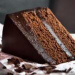 Chocolate cake slices on a plate, ingredients for a chocolate cake recipe, step-by-step cake preparation.