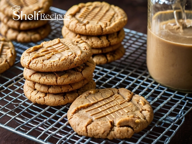 Several homemade chewy peanut butter cookies stacked on a cooling rack with a jar of peanut butter in the background.