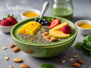 A vibrant green smoothie bowl made with spinach, frozen banana, mango, and almond milk, topped with chia seeds, fresh fruit slices, and a drizzle of honey.