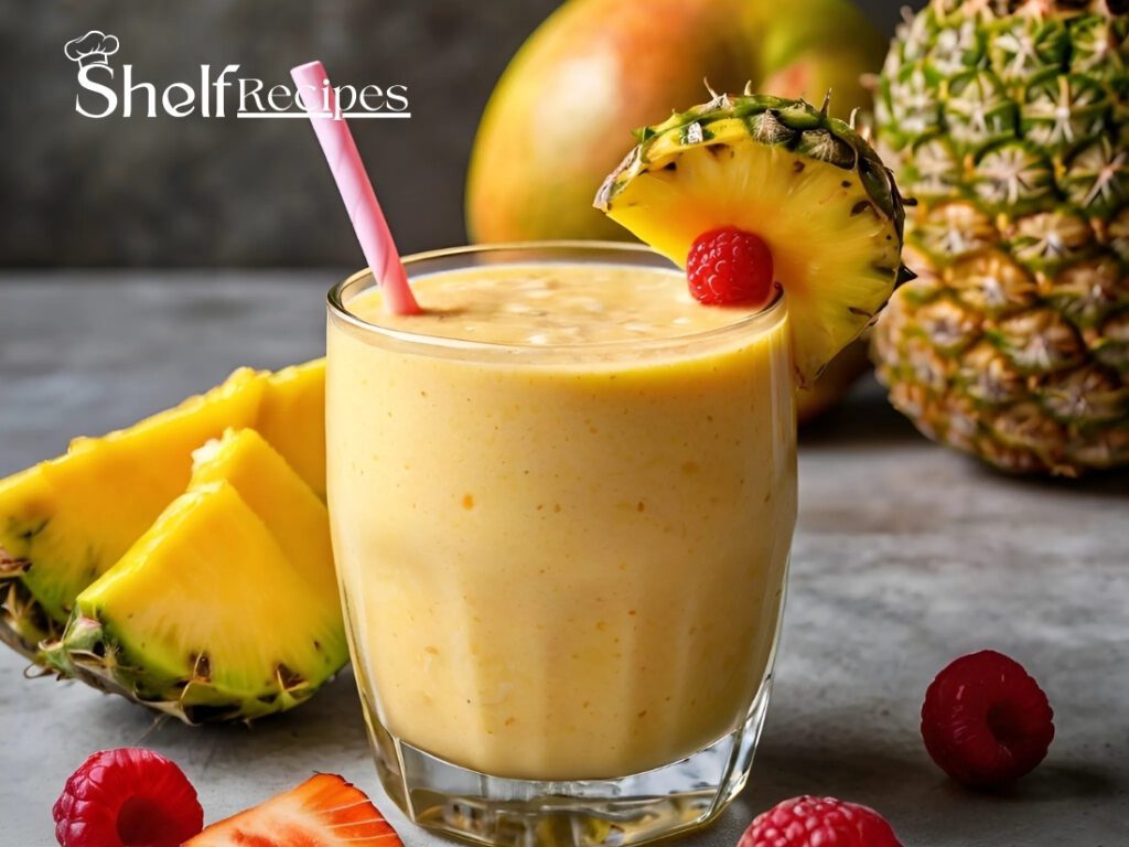 Glass of vibrant pineapple mango smoothie garnished with a pineapple slice and raspberry, surrounded by fresh pineapple, mango, strawberries, and raspberries on a grey surface.