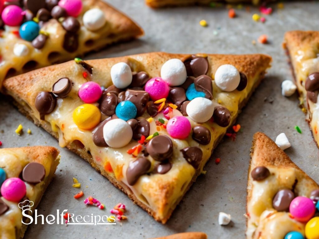 Colorful candy-topped pizza cookie slice with marshmallows and chocolate chips.