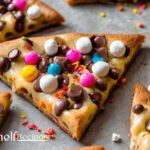 Colorful candy-topped pizza cookie slice with marshmallows and chocolate chips.