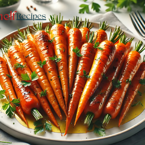 A plate of roasted carrots garnished with fresh parsley.