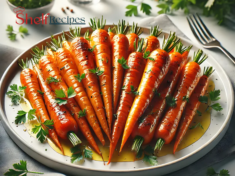 A plate of roasted carrots garnished with fresh parsley.
