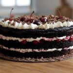 A delicious-looking Black Forest cake sits on a wooden table. The cake features multiple layers of rich, dark chocolate sponge, filled with whipped cream and cherries. The top is adorned with a generous swirl of whipped cream, chocolate shavings, and whole cherries with stems, adding a vibrant contrast to the dark cake. The base of the cake is surrounded by more chocolate shavings, enhancing its decadent appearance. The background is softly blurred, highlighting the cake as the focal point of the image.