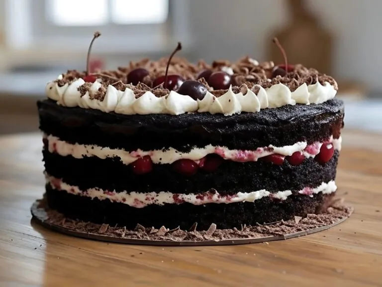 A delicious-looking Black Forest cake sits on a wooden table. The cake features multiple layers of rich, dark chocolate sponge, filled with whipped cream and cherries. The top is adorned with a generous swirl of whipped cream, chocolate shavings, and whole cherries with stems, adding a vibrant contrast to the dark cake. The base of the cake is surrounded by more chocolate shavings, enhancing its decadent appearance. The background is softly blurred, highlighting the cake as the focal point of the image.