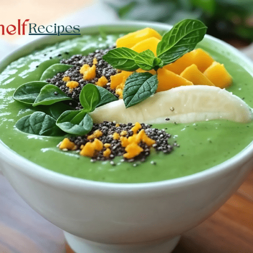 A vibrant green smoothie bowl topped with fresh banana slices, mango chunks, mint leaves, chia seeds, and what appears to be bee pollen. The bowl is beautifully arranged to showcase the colorful and nutritious toppings, making it an inviting and healthy meal option.