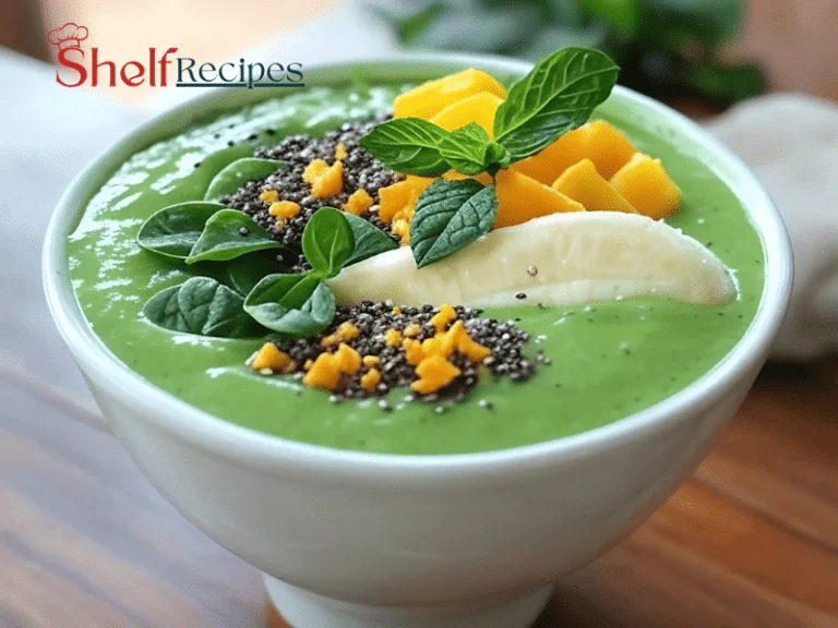 A vibrant green smoothie bowl topped with fresh banana slices, mango chunks, mint leaves, chia seeds, and what appears to be bee pollen. The bowl is beautifully arranged to showcase the colorful and nutritious toppings, making it an inviting and healthy meal option.