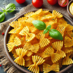 A rustic wooden bowl filled with golden, ruffled pasta chips is placed on a burlap mat. The chips are generously sprinkled with herbs, and two fresh basil leaves are artfully placed on top. Surrounding the bowl, there are vibrant cherry tomatoes on the vine, adding a pop of red to the scene. To the side, a small wooden bowl contains a swirl of yellow mustard with a sprinkle of black pepper on top. Scattered around are a few whole peppercorns and additional basil leaves, enhancing the fresh and appetizing presentation. The backdrop is a textured gray surface, complementing the earthy tones of the setup.