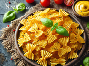 A rustic wooden bowl filled with golden, ruffled pasta chips is placed on a burlap mat. The chips are generously sprinkled with herbs, and two fresh basil leaves are artfully placed on top. Surrounding the bowl, there are vibrant cherry tomatoes on the vine, adding a pop of red to the scene. To the side, a small wooden bowl contains a swirl of yellow mustard with a sprinkle of black pepper on top. Scattered around are a few whole peppercorns and additional basil leaves, enhancing the fresh and appetizing presentation. The backdrop is a textured gray surface, complementing the earthy tones of the setup.