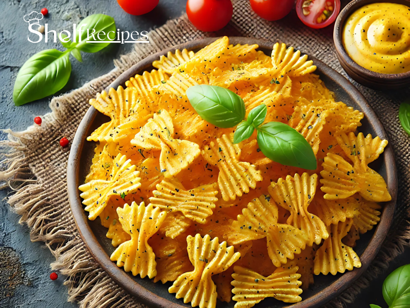 A rustic wooden bowl filled with golden, ruffled pasta chips is placed on a burlap mat. The chips are generously sprinkled with herbs, and two fresh basil leaves are artfully placed on top. Surrounding the bowl, there are vibrant cherry tomatoes on the vine, adding a pop of red to the scene. To the side, a small wooden bowl contains a swirl of yellow mustard with a sprinkle of black pepper on top. Scattered around are a few whole peppercorns and additional basil leaves, enhancing the fresh and appetizing presentation. The backdrop is a textured gray surface, complementing the earthy tones of the setup.
