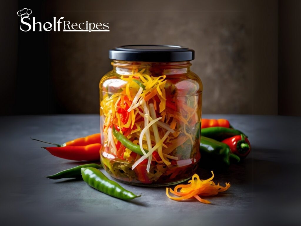 A jar of colorful pikliz with shredded vegetables and scotch bonnet peppers.