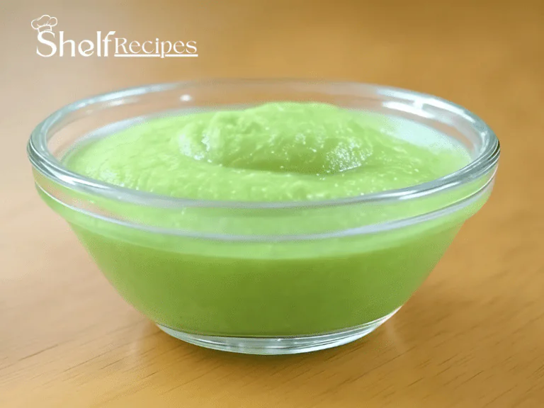 A clear glass bowl filled with a smooth, vibrant green wasabi sauce, placed on a wooden surface. The sauce has a slightly textured surface, indicating its fresh and creamy consistency.