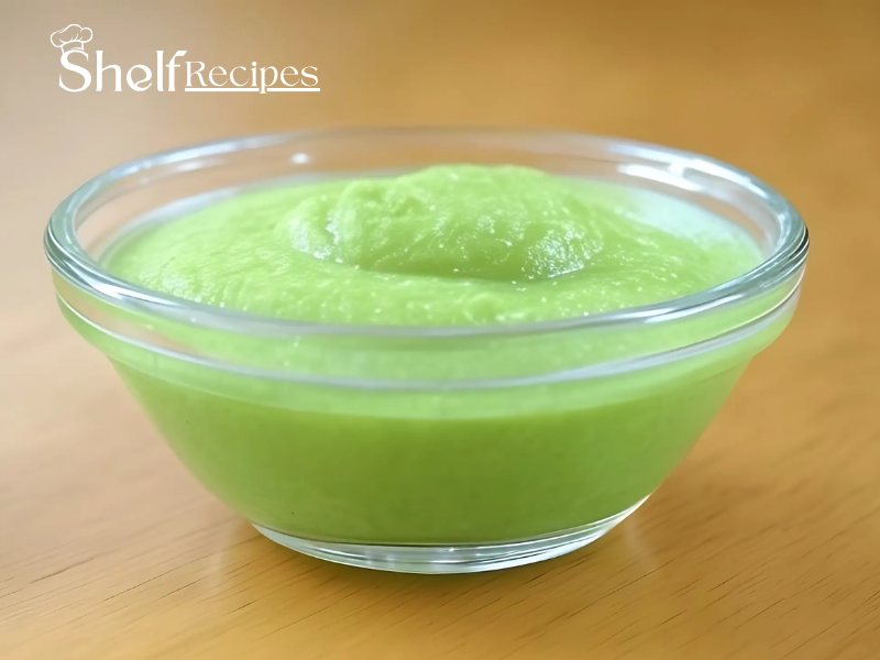 A clear glass bowl filled with a smooth, vibrant green wasabi sauce, placed on a wooden surface. The sauce has a slightly textured surface, indicating its fresh and creamy consistency.
