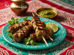 Golden Bahraini Kebabs on a plate with mint chutney, garnished with cilantro, on a vibrant Bahraini tablecloth