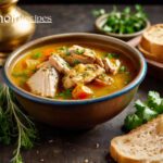 A bowl of Kuwaiti Tashreeb with tender chicken, vegetables, and soaked bread in a flavorful golden broth, garnished with fresh herbs.