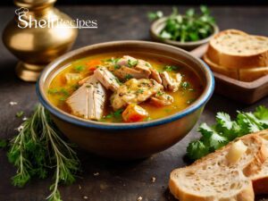 A bowl of Kuwaiti Tashreeb with tender chicken, vegetables, and soaked bread in a flavorful golden broth, garnished with fresh herbs.