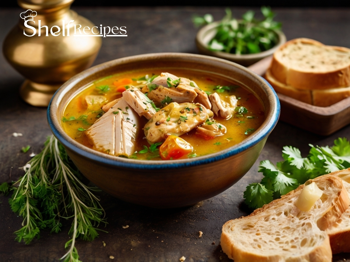 A bowl of Kuwaiti Tashreeb with tender chicken, vegetables, and soaked bread in a flavorful golden broth, garnished with fresh herbs.