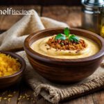 creamy Emirati Harees in a bowl, topped with ghee and cinnamon, served with khameer bread on a rustic table