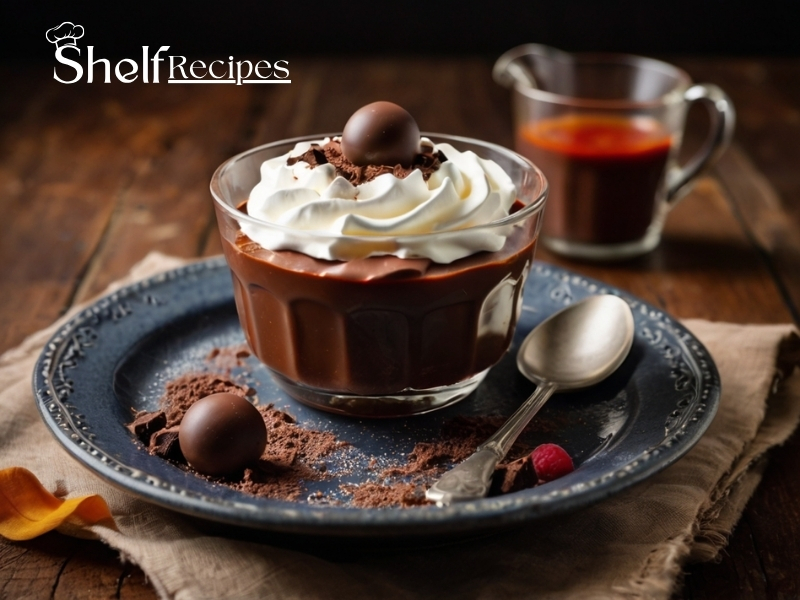 A glass dessert cup filled with Jello chocolate pudding, topped with a swirl of whipped cream and a chocolate truffle. The cup is placed on a blue plate with cocoa powder sprinkled around, accompanied by a silver spoon and a raspberry. In the background, there's a glass jug with a red sauce, all set on a wooden table with a beige cloth underneath.