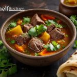 A steaming bowl of Saudi Thareed with tender lamb, fresh vegetables, and crispy Arabic bread soaked in rich broth, garnished with cilantro.