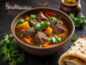 A steaming bowl of Saudi Thareed with tender lamb, fresh vegetables, and crispy Arabic bread soaked in rich broth, garnished with cilantro.