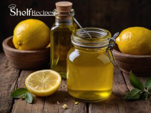 A glass jar filled with golden lemon vinaigrette, surrounded by fresh lemons, a whisk, and a small bowl of olive oil on a rustic wooden surface.