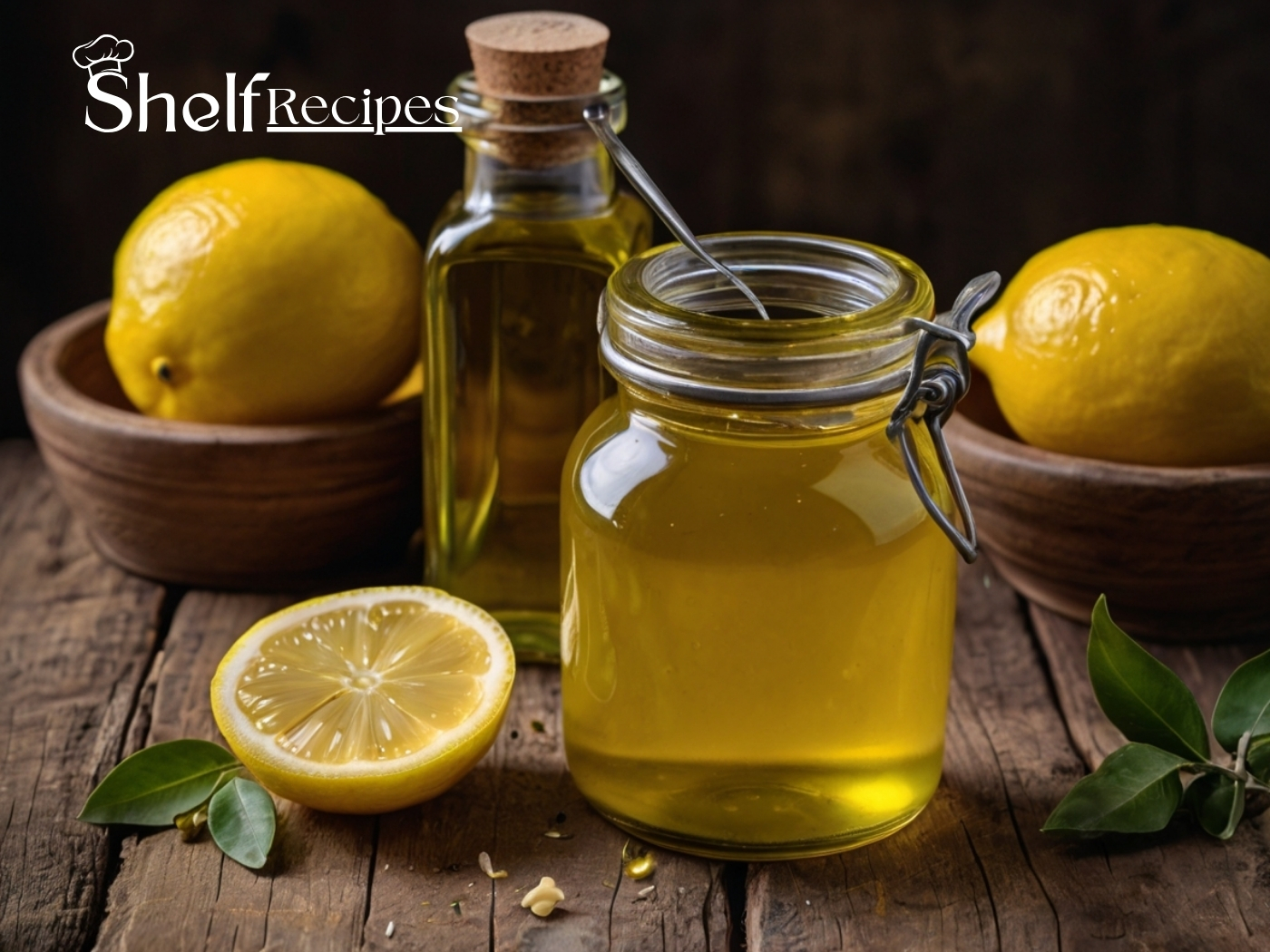 A glass jar filled with golden lemon vinaigrette, surrounded by fresh lemons, a whisk, and a small bowl of olive oil on a rustic wooden surface.