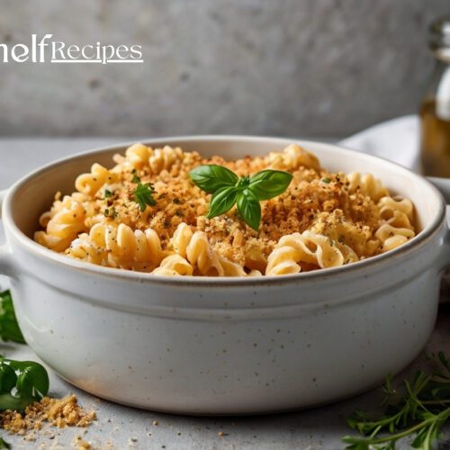A serving of creamy blue cheese pasta bake topped with golden breadcrumbs, garnished with fresh herbs, in a white ceramic dish