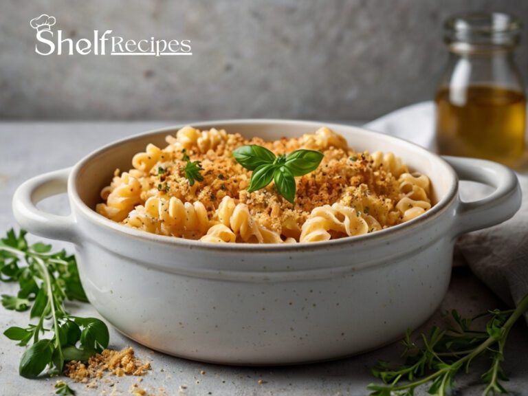 A serving of creamy blue cheese pasta bake topped with golden breadcrumbs, garnished with fresh herbs, in a white ceramic dish