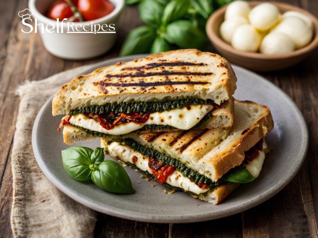 Golden focaccia panini with grilled chicken, melted mozzarella, basil pesto, and sun-dried tomatoes, sliced and ready to serve.