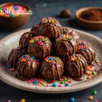 A tray of chocolate rice krispie balls drizzled with melted chocolate and topped with sprinkles.