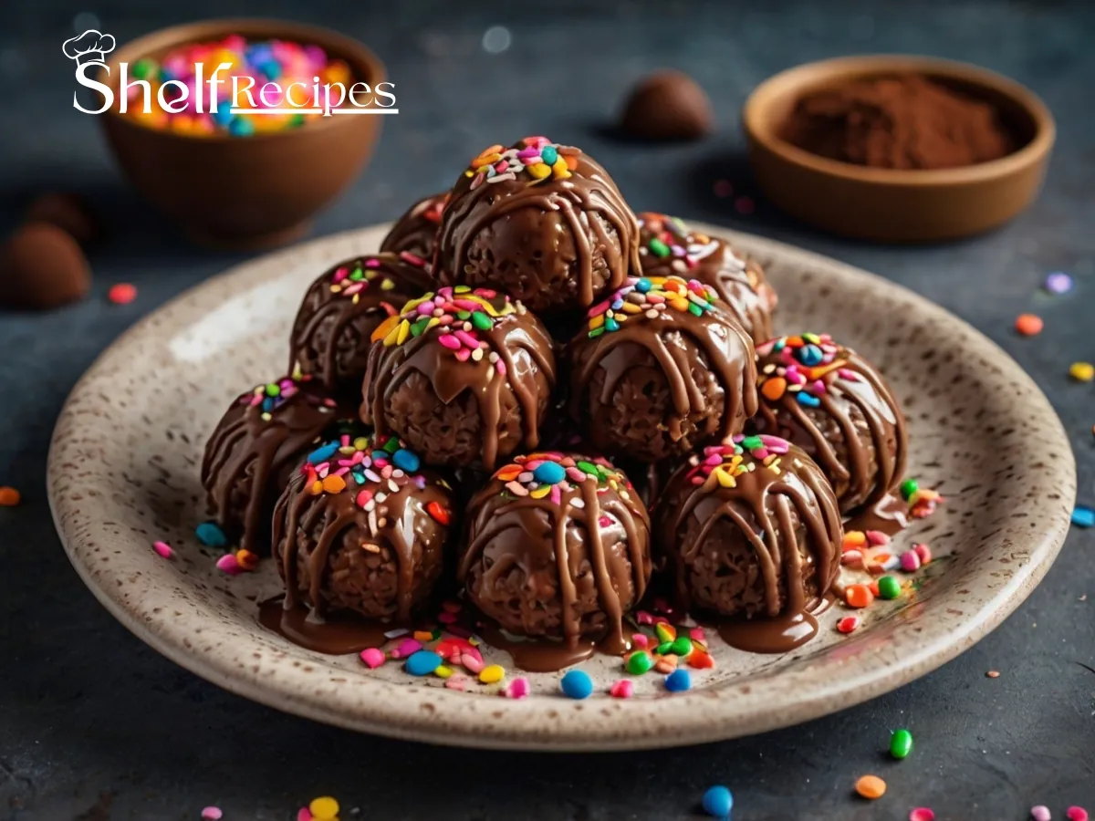 A tray of chocolate rice krispie balls drizzled with melted chocolate and topped with sprinkles.