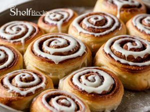 Gooey cinnamon rolls with heavy cream, fresh out of the oven