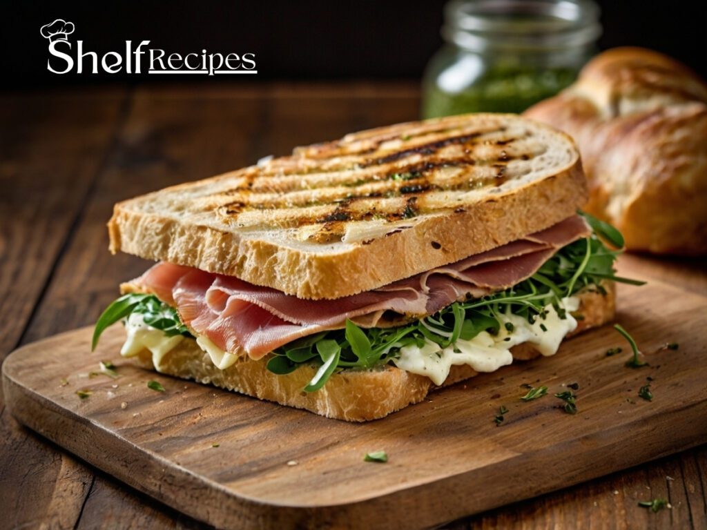 Grilled Italian panini with prosciutto, mozzarella, pesto, and arugula served on crispy ciabatta bread, cut diagonally with melted cheese.