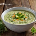 A chilled bowl of creamy cucumber gazpacho topped with fresh herbs and a drizzle of olive oil, served in a white ceramic bowl on a rustic wooden table—refreshing summer vegan soup.
