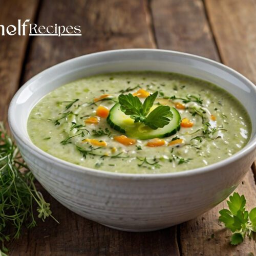 A chilled bowl of creamy cucumber gazpacho topped with fresh herbs and a drizzle of olive oil, served in a white ceramic bowl on a rustic wooden table—refreshing summer vegan soup.