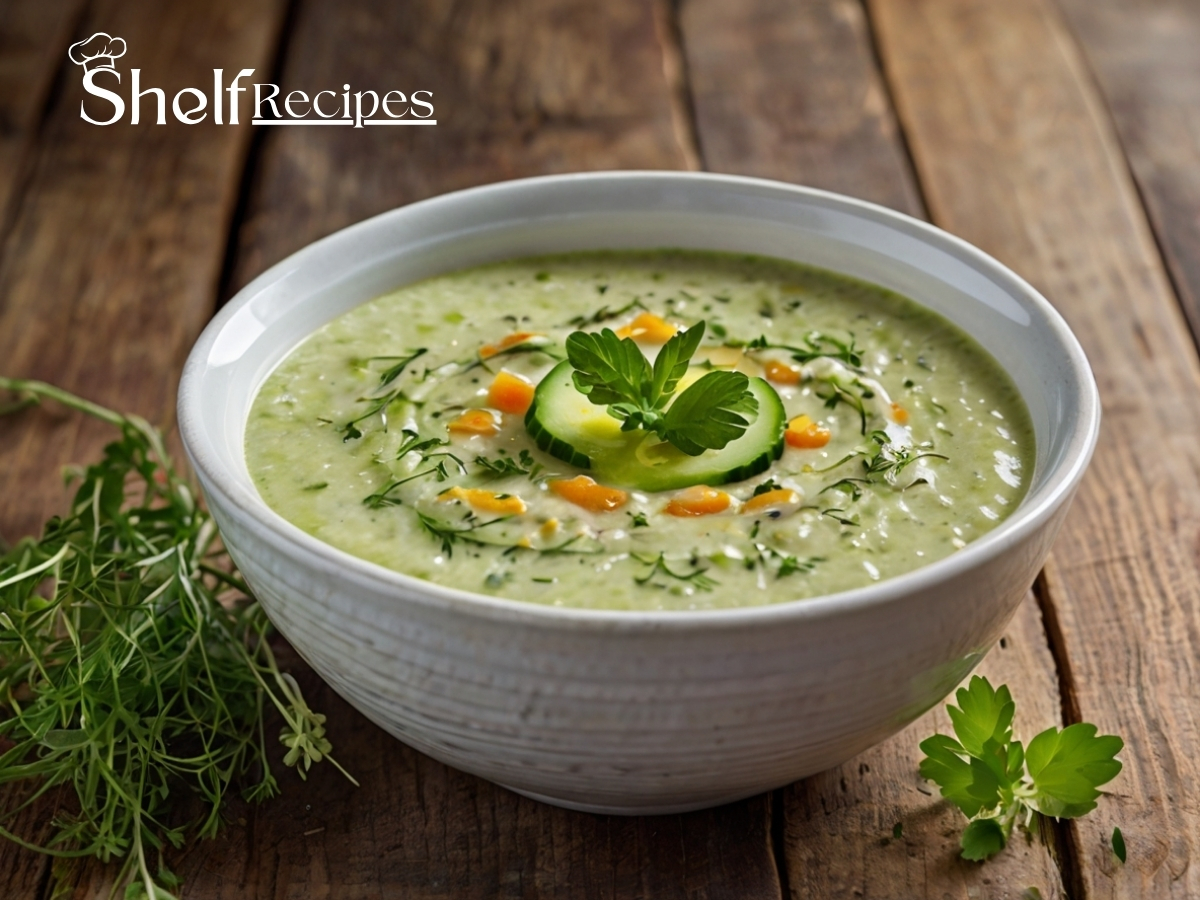 A chilled bowl of creamy cucumber gazpacho topped with fresh herbs and a drizzle of olive oil, served in a white ceramic bowl on a rustic wooden table—refreshing summer vegan soup.