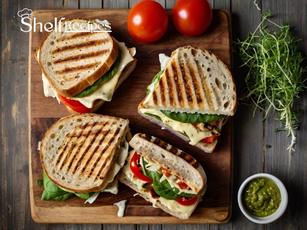 An overhead shot of three gourmet panini sandwiches—Italian, veggie, and chicken pesto—arranged on a wooden board with fresh ingredients around them, showcasing melty cheese and grilled bread.