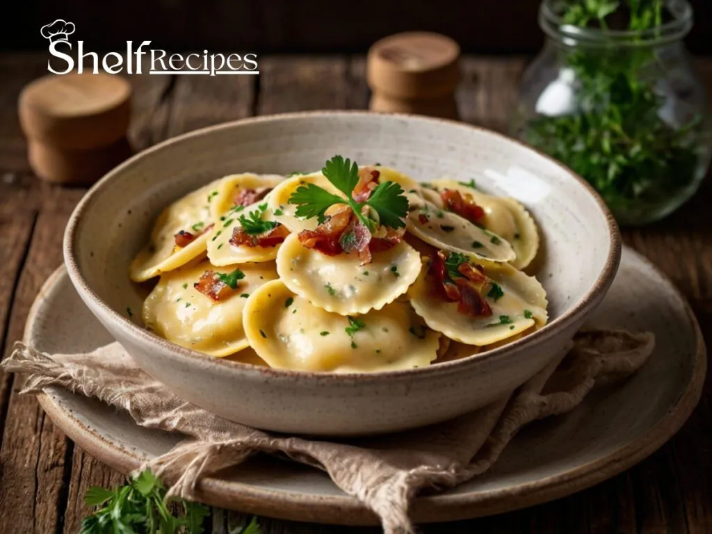 A bowl of ravioli carbonara topped with crispy pancetta and fresh parsley, served in a rustic ceramic dish.