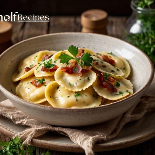 A bowl of ravioli carbonara topped with crispy pancetta and fresh parsley, served in a rustic ceramic dish.